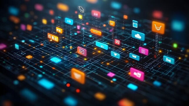 Visualizing multichannel marketing for online retail business, showcasing connected devices, social media, and digital app integration