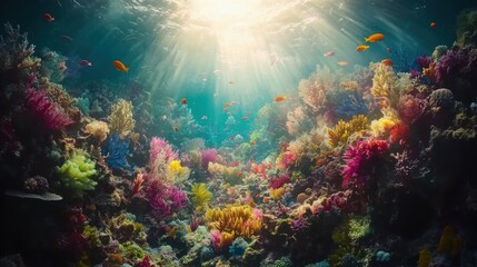 Fototapeta premium Vibrant coral reef teeming with colorful fish, sunbeams illuminating the underwater scene.