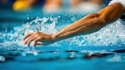 Close-up of swimmer's arm and hand in water, splashing.