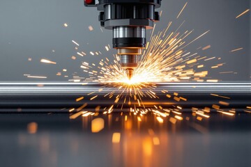Laser cutting machine emitting orange sparks while cutting a cylindrical metal tube, close-up view, on a gray background, concept of precision engineering. Ai generative