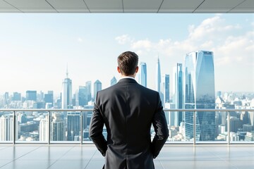 A businessman in a suit stands facing a city skyline, viewed from a high-rise balcony, with a bright sunny sky and a modern urban concept. Ai generative