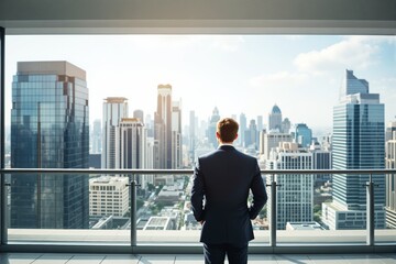 A businessman in formal attire standing on a balcony overlooking a modern city skyline on a sunny day, symbolizing ambition and opportunities. Ai generative