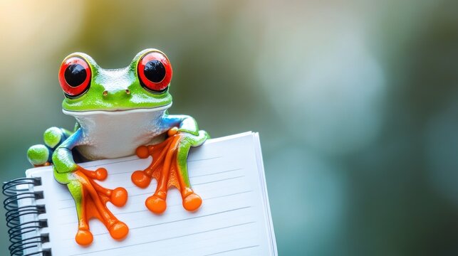 Red-eyed tree frog perched on a blank notepad against a blurred green background.