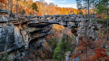 Natural stone bridge over autumnal gorge.