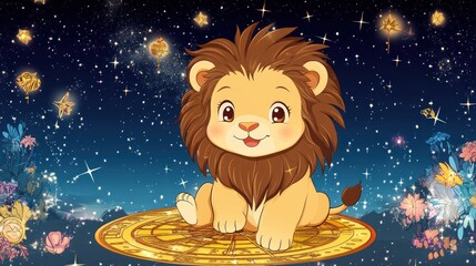 Fototapeta premium Cute cartoon lion cub sitting on a zodiac sign against a starry night sky background.