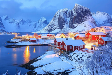 Norway_fjord_at_dusk_with_red_houses_and_snow