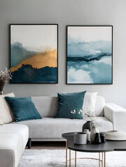 Modern interior with abstract art and cozy seating in a stylishly decorated living room : Generative AI