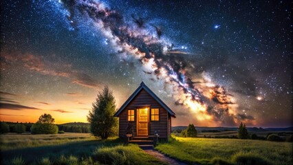 Astrophotography captures a tiny house bathed in the Milky Way's ethereal glow, a serene countryside scene.