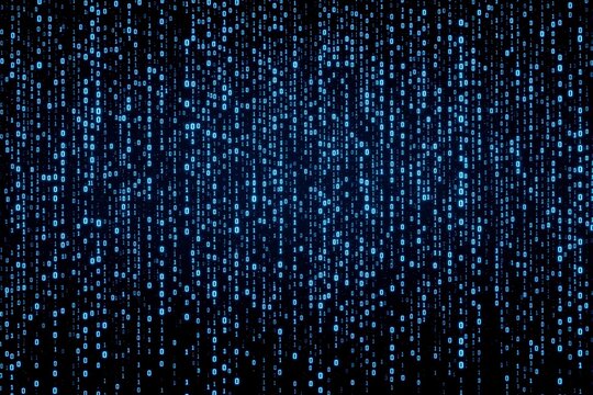 Cascading blue binary code on a dark background, representing digital data or programming concept, illuminated with glowing effect, Ai generative