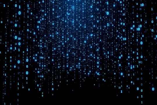Illuminated binary digits cascading vertically in a glowing blue format, set on a dark background. Concept of technology, data, or cyberspace. Ai generative