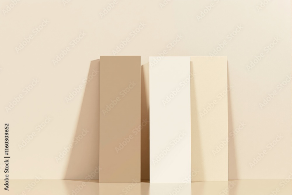 Poster three rectangular panels in beige tones are arranged vertically on a neutral surface and background,