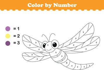 Color by numbers. Coloring page for kids. Coloring with cute butterfly. Vector illustration