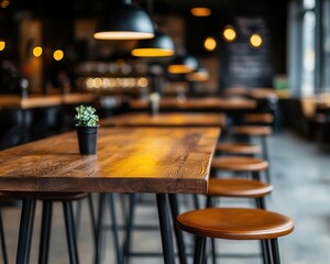 Rustic coffee shop with dark wood tables, cozy leather chairs, and soft ambient lighting, rustic charm coffee shop, inviting, warm