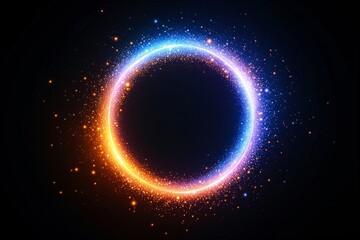 A vibrant glowing energy ring in orange and blue hues surrounded by sparkling particles on a dark background. Concept of cosmic energy. Ai generative