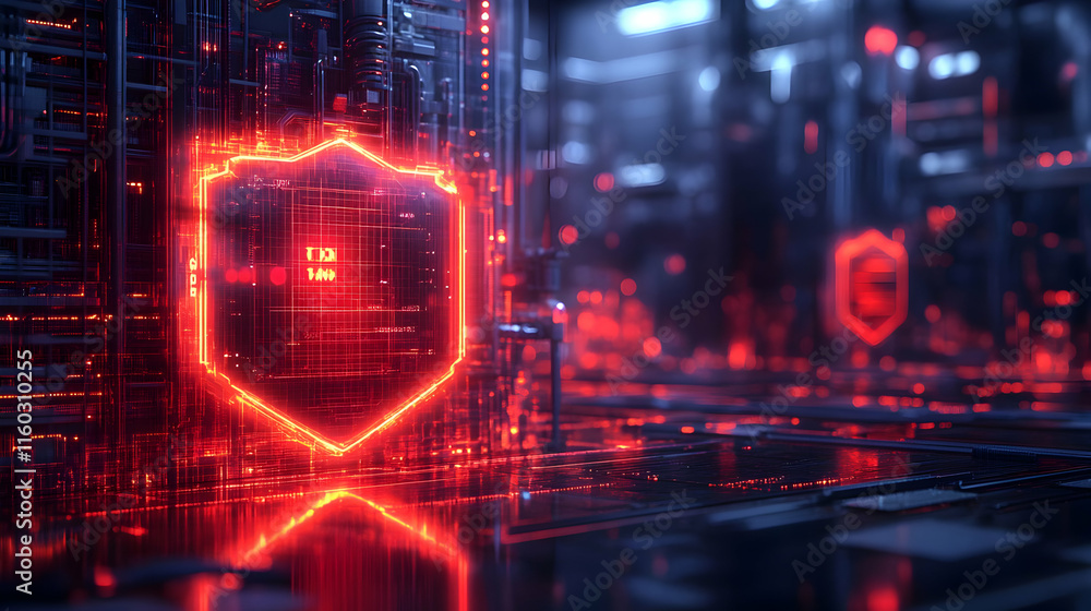Poster a futuristic digital environment featuring glowing security shields and data structures.