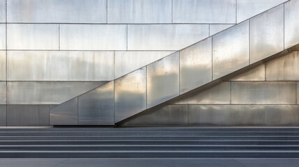Modern metallic staircase against a textured metal wall.