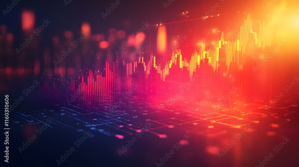 Poster abstract digital visualization of data trends with vibrant colors and geometric patterns.