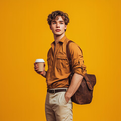 a young man holding a cup of coffee and look at the camera