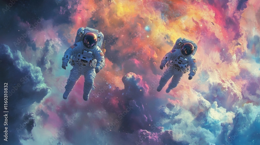 Poster two astronauts float amidst vibrant nebula clouds in space.