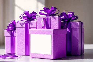 Obraz premium Elegant Purple Gift Boxes with Ribbons and Bows on a Sunny Surface