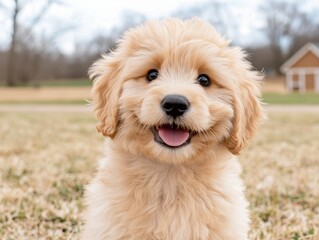 Cute fluffy puppy with happy expression sitting in grassy field during daylight