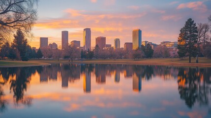 Fototapeta premium City skyline reflected in calm lake at sunset.