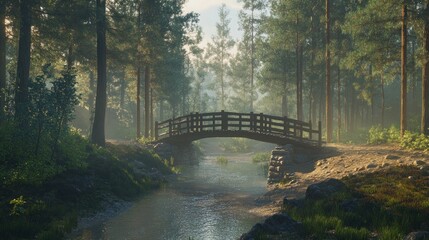 Misty forest scene with wooden bridge over calm stream.