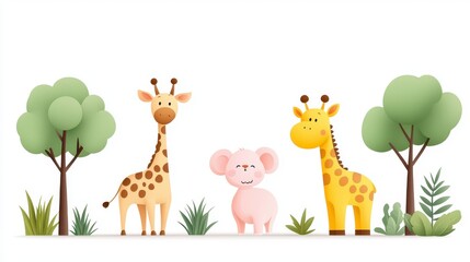 Naklejka premium Cute cartoon animals with giraffes and koala in a green landscape illustration