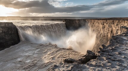 Obraz premium Powerful waterfall cascading over rugged cliffs, creating a mist and dramatic scene at sunset.