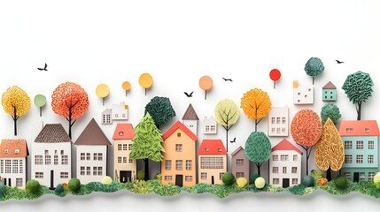 Vibrant Papercut Style Buildings Houses and Trees on White Backdrop