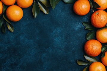 Chinese new year reunion concept. Fresh oranges with leaves on a textured blue background.