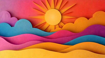 Colorful Papercut Landscape with Vibrant Sunshine and Clouds in the Sky