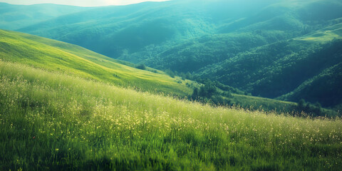 Breathtaking Green Hills Under Clear Sky Perfect for Nature and Serenity Themes : Generative AI