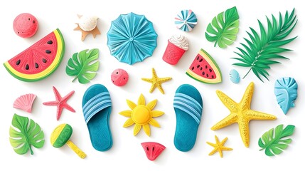 Summer Elements Set with Watermelon Ice Cream Starfish on White Background in Papercut Style
