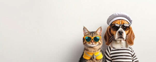 A stylish dog and cat duo wearing sunglasses and outfits, posing playfully against a neutral background.