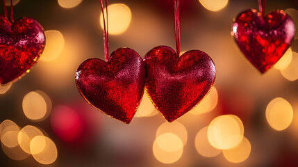 Heart Shaped Christmas Ornaments with Glowing Bokeh Background : Generative AI