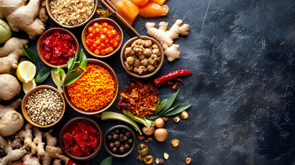 Assorted Asian Spices and Ingredients Arranged on Dark Rustic Cooking Surface : Generative AI