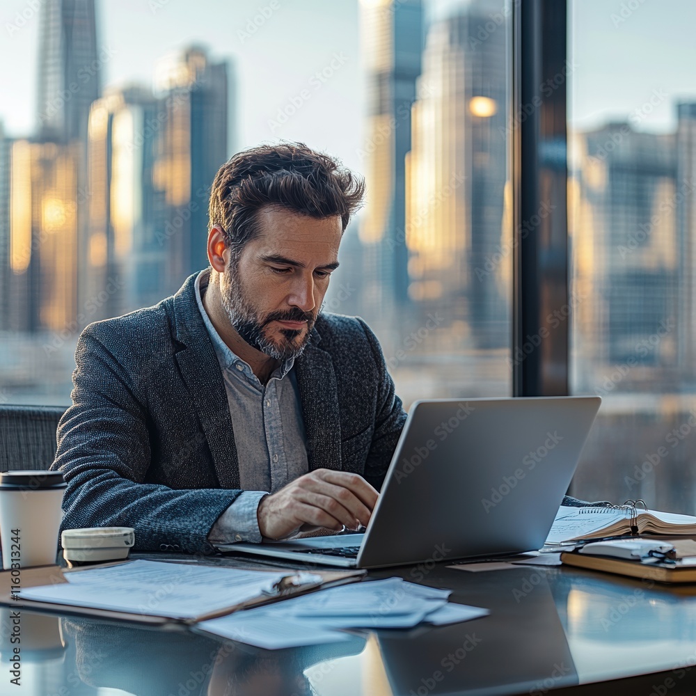 Poster a man in a gray suit is working on a laptop at a desk in front of a window. generative ai