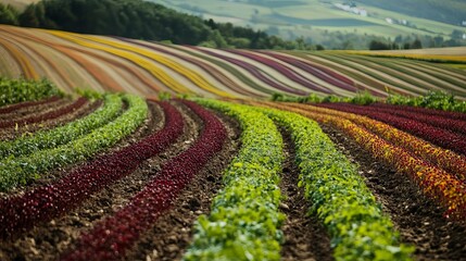 Panoramic view of vibrant colorful fields with organized rows of currant bush seedlings in a lush agricultural landscape