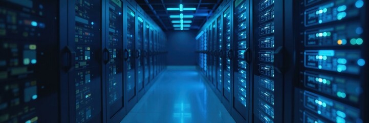 Fototapeta premium Long corridor with server racks in a data center with blue lights, representing big data and cloud computing.