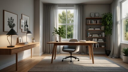 "A minimalist study room with Scandinavian influences, featuring a wooden desk, a light-gray accent wall, and a simple shelf holding books and plants. The space is bright and airy, with natural light 