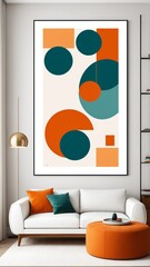 Modern abstract art in stylish living room interior with bold geometric patterns