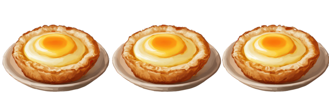 Trio of richly filled Egg Tarts, isolated on transparent.