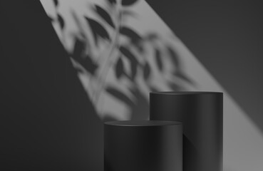 Black empty podium or pedestal for product presentation on two floors, showcase of product. Round mockup platform on dark background. 3d rendering	