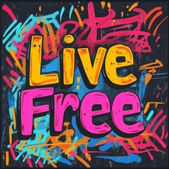Vibrant "Live Free" text on colorful graffiti background.