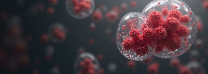 Microscopic view of red virus cells enclosed in transparent bubbles, showing the spread of infection and disease, medical concept