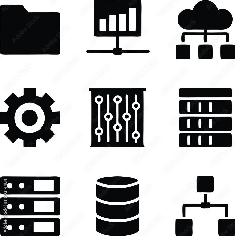 Poster data center icons network, server, database, cloud computing, storage