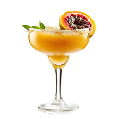 Extreme front view of a perfect looking hyper realistic Passionfruit Ginger Margarita tequila cocktail drink isolated on a white transparent background