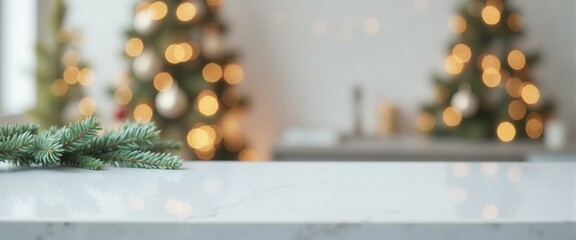 Empty white marble countertop with blurred Christmas trees and bokeh lights in the background, perfect for product placement and holiday promotions.