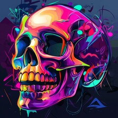 Vibrant neon skull, colorful abstract art.